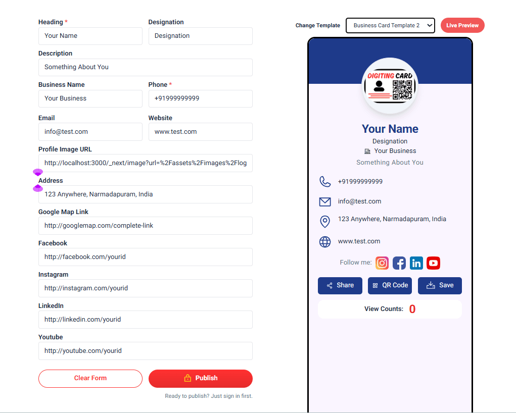 Add your business details to your digital visiting card