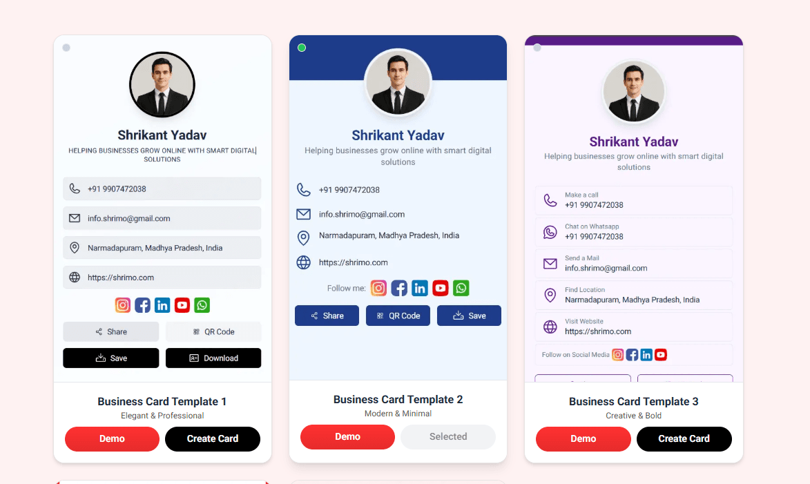 Choose a digital business card template on Digiting Card