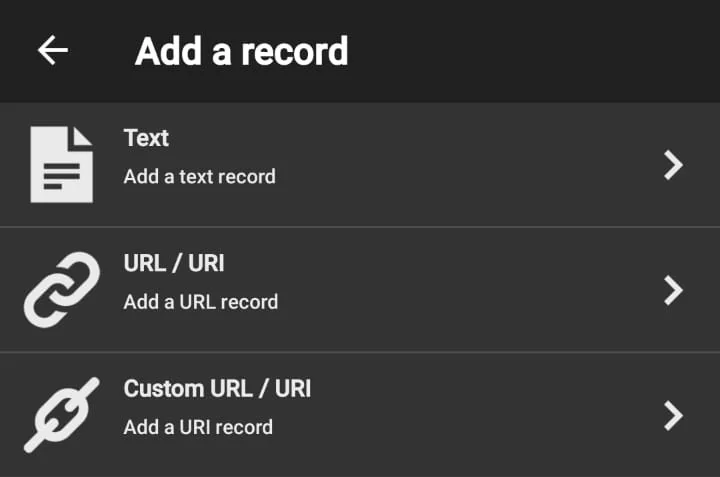 Select URL or URI option in NFC Tools app