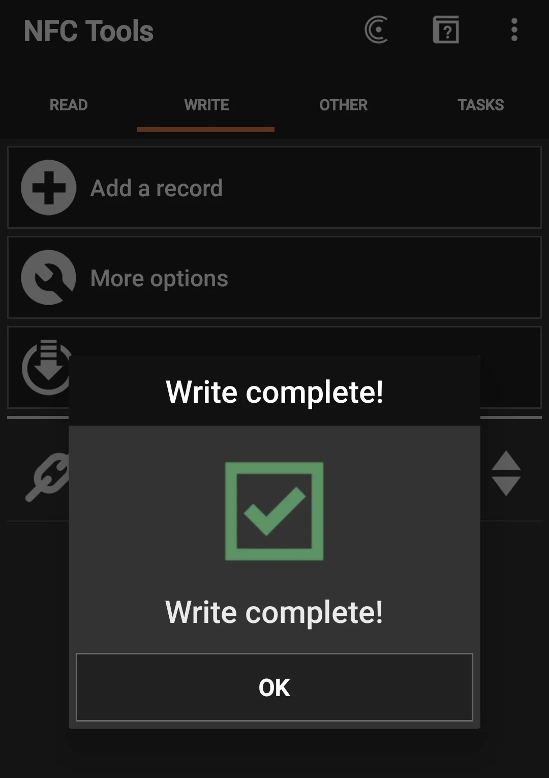 NFC write complete confirmation in NFC Tools app